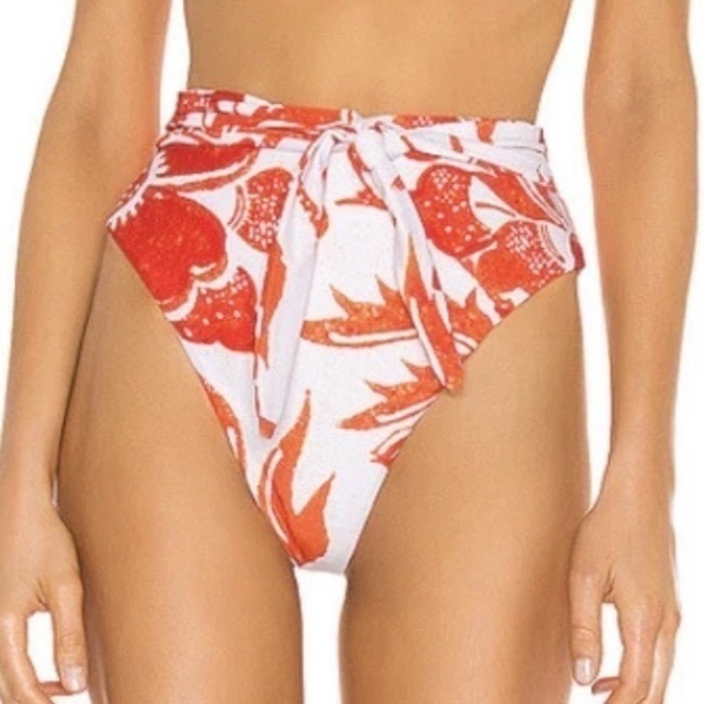 Mara Hoffman Goldie High Waisted Tie Front Bikini Bottom Red Multi Floral XL NEW